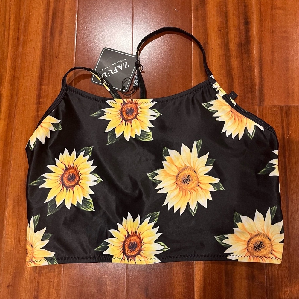 Zaful Sunflower Tankini Bikini Swim Top Floral‎ Prin Black Yellow New Size US 8